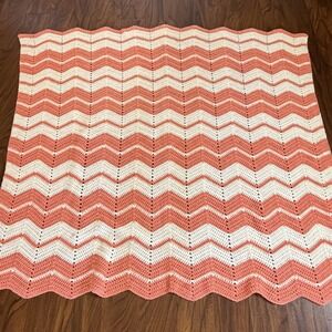 VTG Crochet Chevron Blanket Afghan Coral Cream Zig Zag Handmade 60x63 Boho